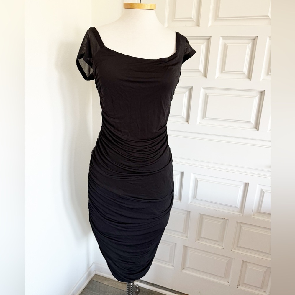 NWOT Weston Wear Black Midi Cocktail Dress Cap Sheer Sleeves Large